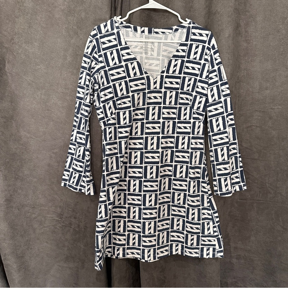 Mahi Gold Coastal Cotton Tunic Dress V-Neck Coastal Grandma L Navy/White Resort - Picture 4 of 7